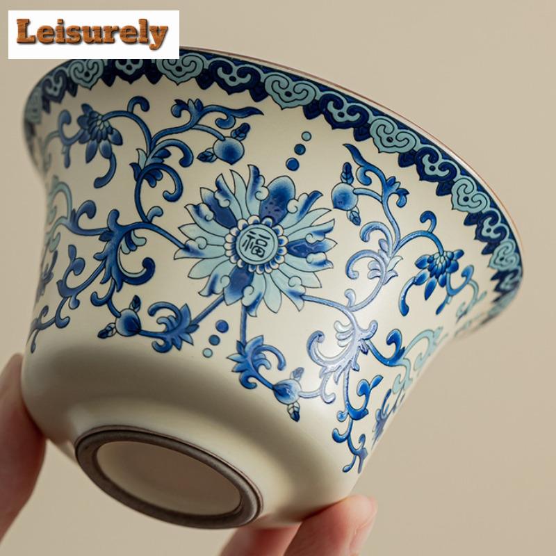 150ml Retro Ru Kiln Porcelain Gaiwan Modrobílý Požehnání Tři Talenty Čajová mísa Víko na čaj Miska Čajové Servisy Řemesla