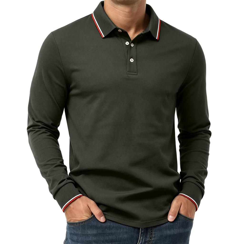 Men's Long Sleeve Polo Shirt Classic Solid Color Button Down Collar Slim Fit Casual Top for Everyday Wear Comfortable Fabric