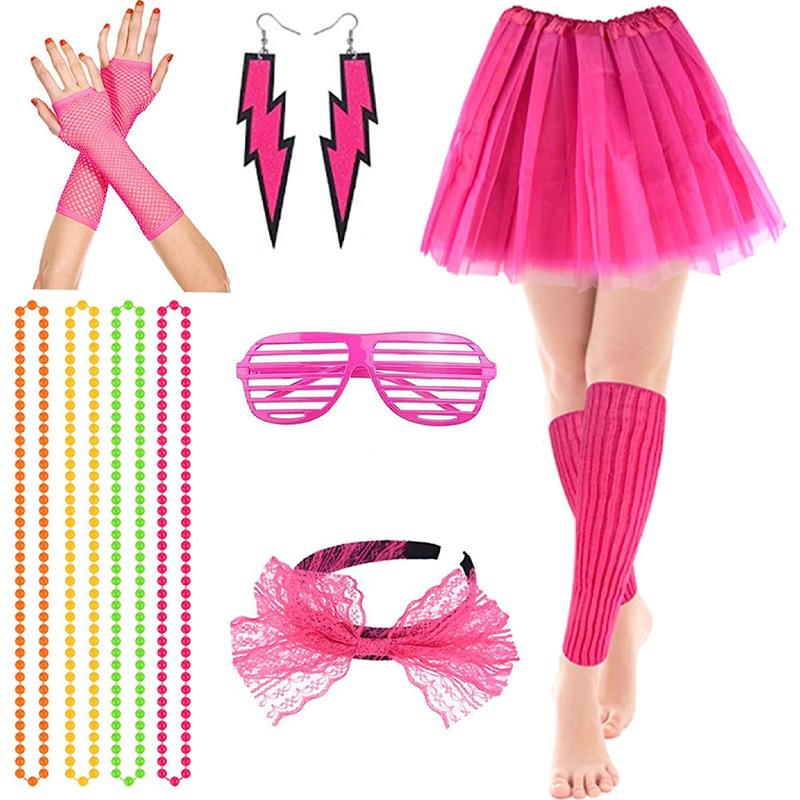 PESENAR 80s Outfit Costume Accessories for Women, Neon Tutu Headband Necklace Gloves Eyeglasses Leg Warmer for 80s Theme Party