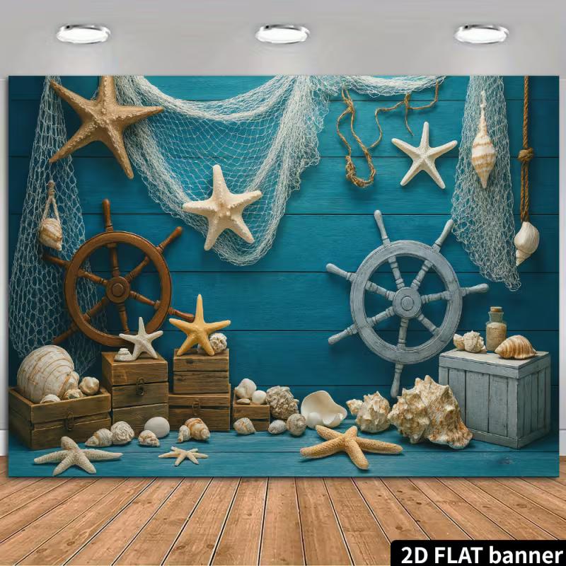2D Nautical Starfish Seashell Backdrop - Blue Wood Wall Photography Background Banner for Summer Party