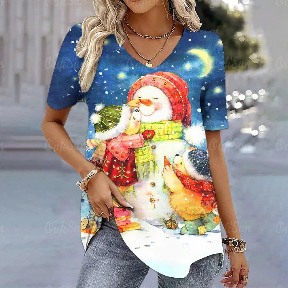 

Рождественская женская футболка с 3d рождественским принтом и короткими рукавами, футболка с v-образным вырезом для женщин, одежда больших размеров, модная блузка 2XL