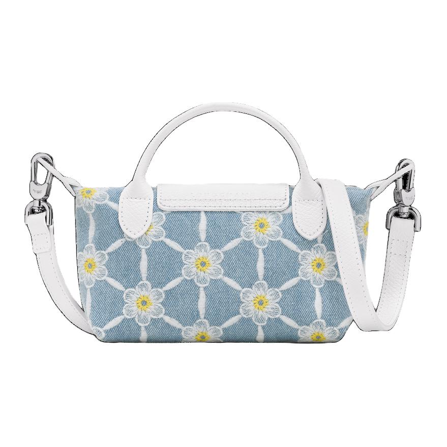 Longchamp Le Pliage Large Floral Embroidery Denim Shoulder Crossbody Tote Bag Women Bags Sky-Blue 34205HEW028