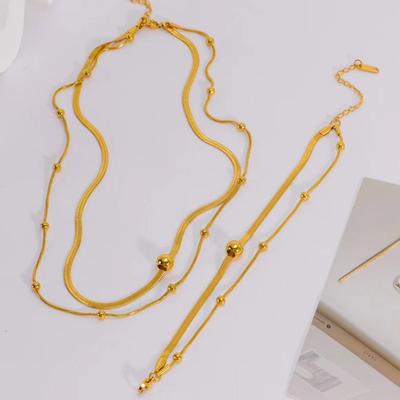 Retro Minimalistische Doppellagige Goldperlen Titan Halskette - Leichter Luxus Schlüsselbeinkette Schmuck