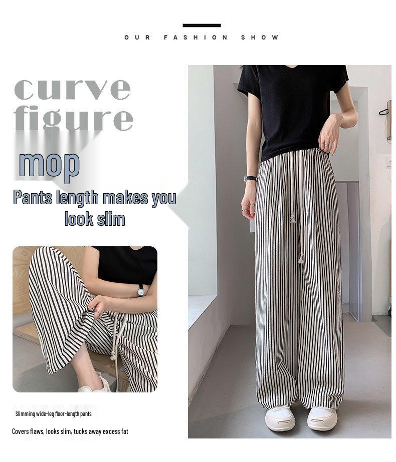 2026 Women's Black & White Striped High Waist Casual Wide-Leg Pants