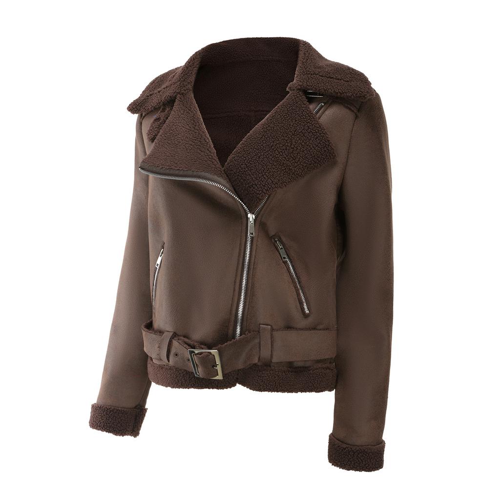 Fur and Fur Integrated Winter Jacket for Women Warm Suede Jacket European and American Leather Jacket with Waist Belt and Lapel Jacket for Women