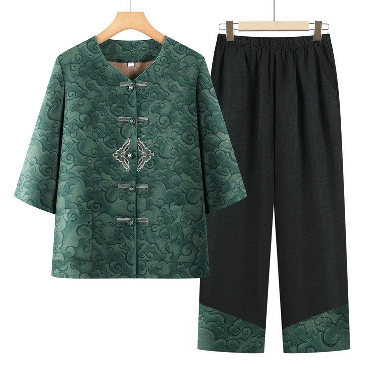 

Retro Cloud Pattern Two-Piece Set with Frog Buttons, Plus Size – Comfortable Spring/Autumn Outfit for Middle-Aged & Elderly Women 2XL (105-120 jin) зелёный