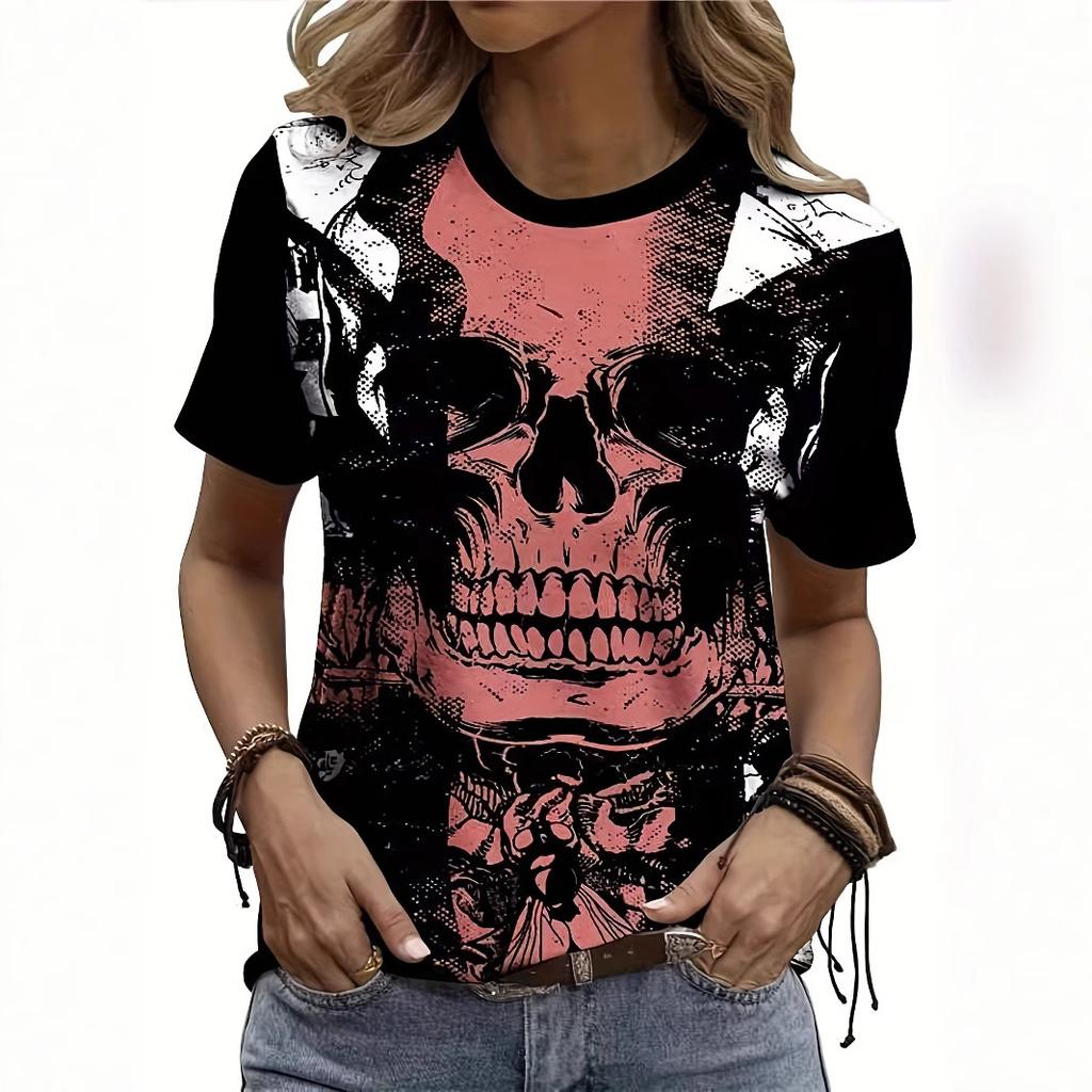 Summer Round Neck 3D Kull Print Top Fashionable Casual Short Sleeved Women's T-shirts