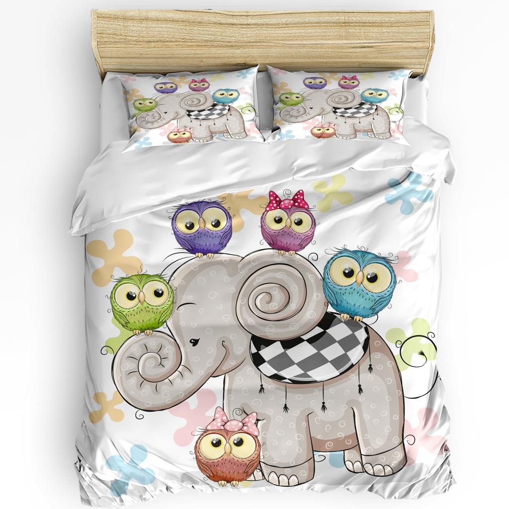 Cartoon Elephant Owl Bedding Set 3pcs Boys Girls Duvet Cover Pillowcase Kids Adult Quilt Cover Double Bed Set Home Textile