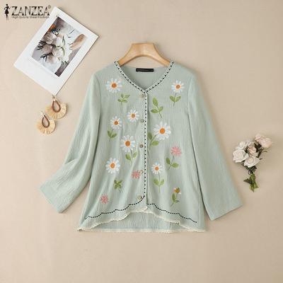 Women Casual Floral Embroidery Loose Long Sleeve Blouse
