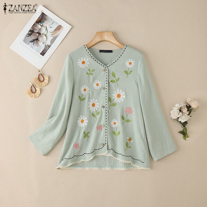 ZANZEA Damska codzienna bluzka z luźnym długim rękawem i kwiatowym haftem