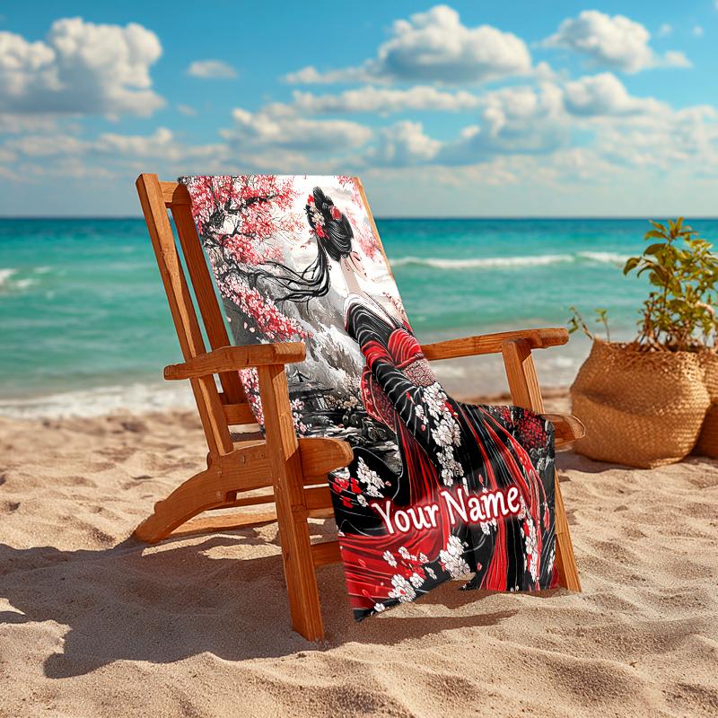 1PC Custom Name Geisha Cherry Blossoms Beach Towel Highly Absorbent And Sand-Resistant Towel for Swimming, Pool, Yoga, And Travel Lightweight