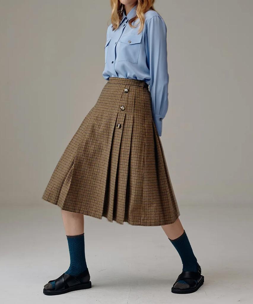 Boyeon Wool Check Pleated Skirt Brown 505