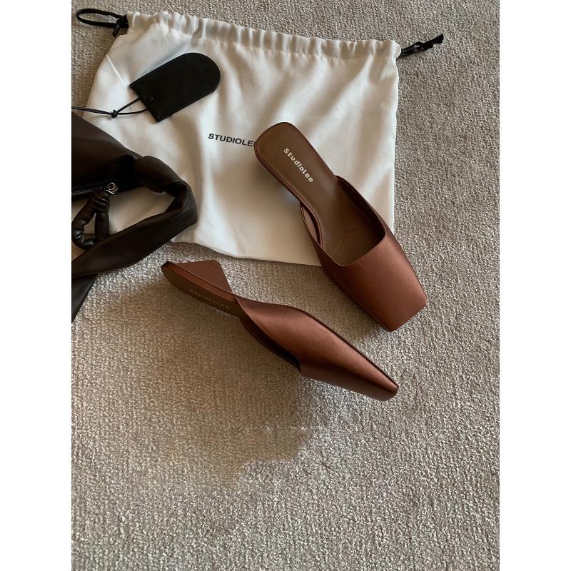 

Sheepskin square head silk triangle heel bag head slippers women s summer sandals high-end single shoes 34