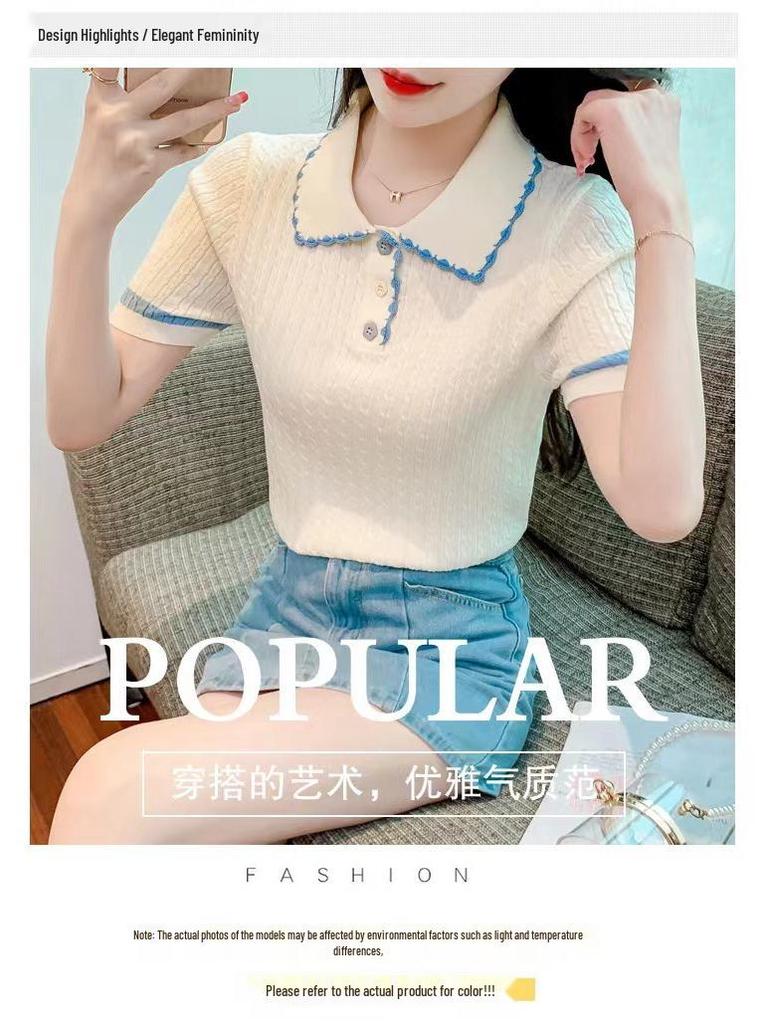 Women's Color Block Polo Collar Ice Silk Knit Top - Summer 2025 Edition