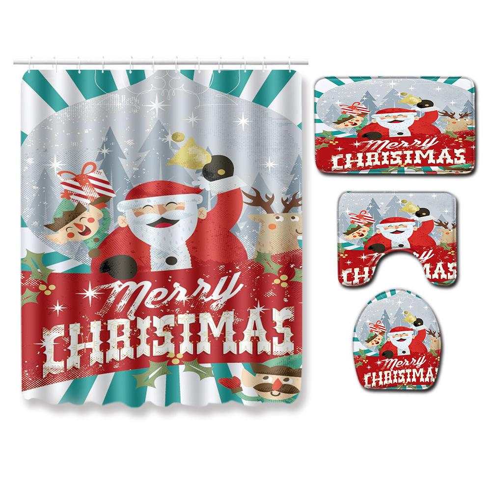 Christmas Toilet Seat Shower Curtain Four-Piece Printed Floor Mat Set Bathroom Floor Mat Bedroom Absorbent Door Mat Carpet