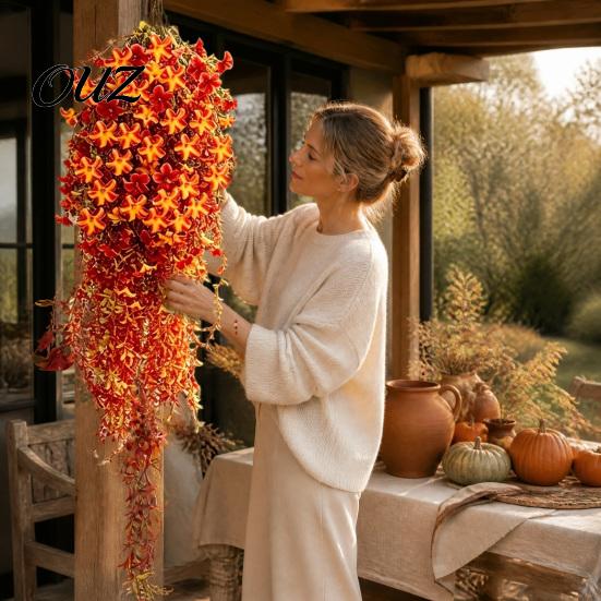 Efterårshave Hængende Blomsterbuketter Kunstige Morgenfrue Ranker, Blomster til Udendørs Altankonstruktion Dekoration, Orange Gul Blomster Vejrbestandig