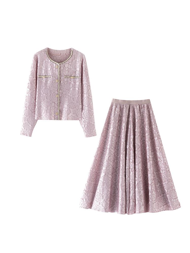 

Miyake Elegant Pleated Cardigan & Irregular Skirt Set One Size розовый
