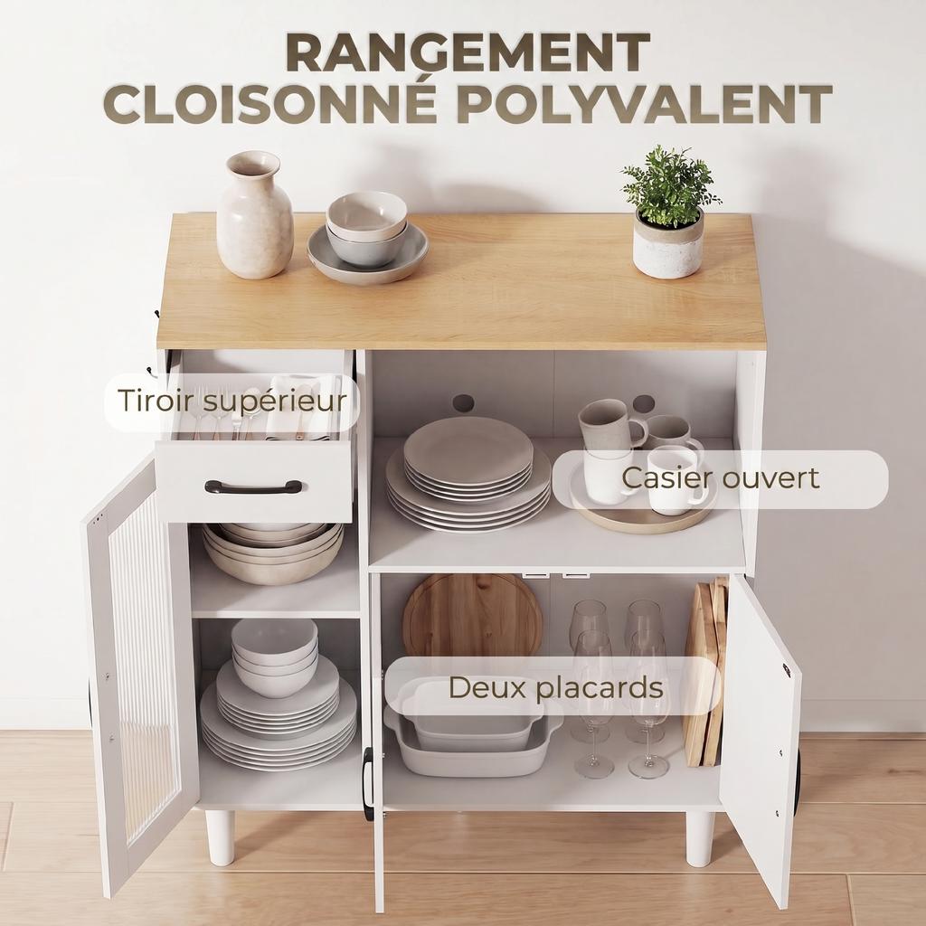 Kitchen Sideboard, Drawer, 3 Doors, Fluted Acrylic, Open Shelf, White and Oak