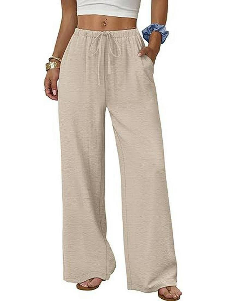 European & American Women's Casual Solid Wide-Leg Beach Pants with Elastic Waist & Pockets
