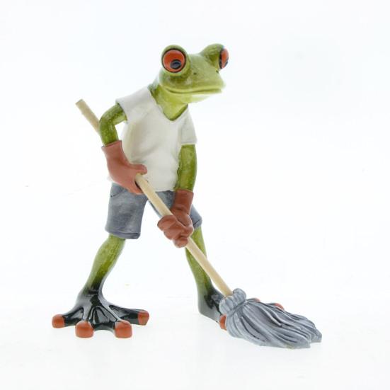 Mopping Cartoon Frog Figurine Doing Resin Statue Housework Frog Sculpture Home Office
