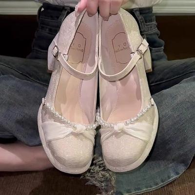 Student Gentle Wind Pearlescent High Heels Women's Single Shoes Thick Heel Elegant Wedding Shoes Bridesmaid Dress Dress Mary Jane Women's Shoes