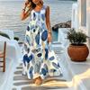Summer Boho Blue White Watercolor Women's Cami Dress Lightweight Flowy Elegant Long Dress for Vacation Casual Outdoor Wear