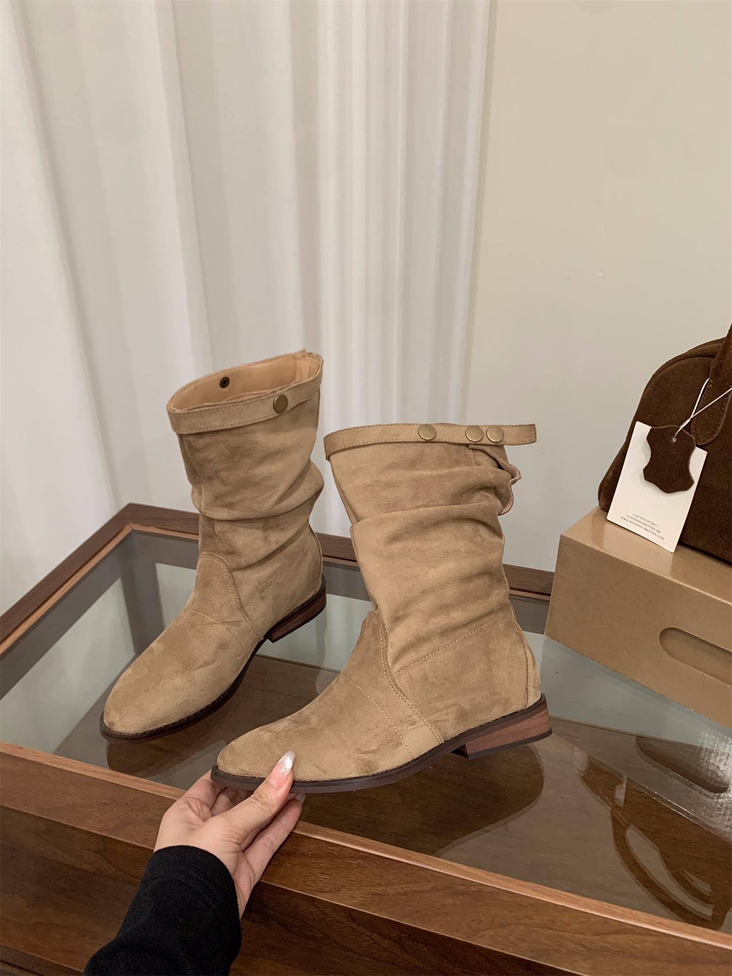 

Коричневые ботинки-пиле Майяр Женские ботинки 2025 Осень/Зима Ботинки средней высоты Ботинки Мартин Замшевые Облегающие Короткие ботинки 39