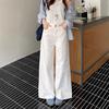 Flower Embroidered Denim Wide-legged Trousers Women's Autumn Temperament Coloured High Waisted Small Person Drape Straight Long Trousers Denim Pants