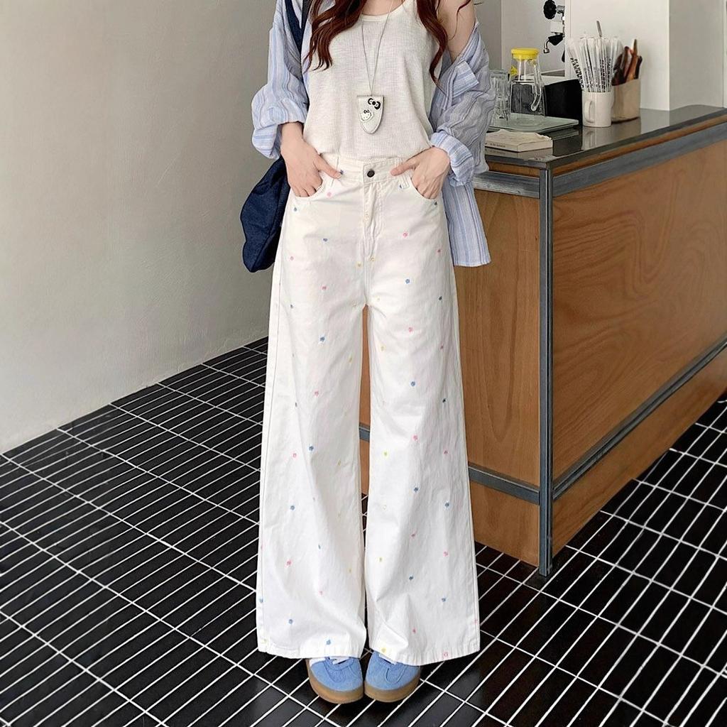 Flower Embroidered Denim Wide-legged Trousers Women's Autumn Temperament Coloured High Waisted Small Person Drape Straight Long Trousers Denim Pants