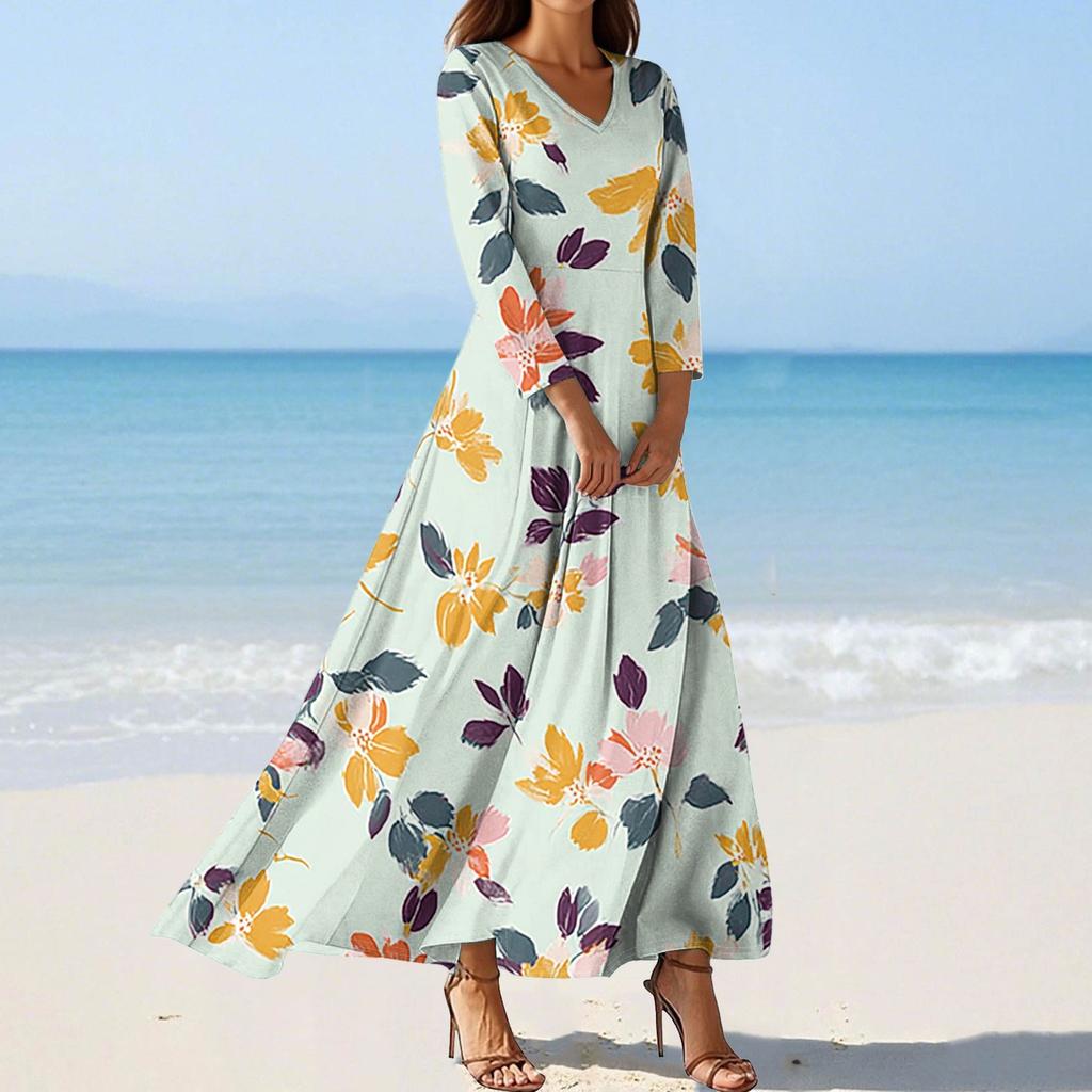 Women's Fashion V-Neck Floating Beach Dresses Seven Sleeve Floral Printed Dresses
