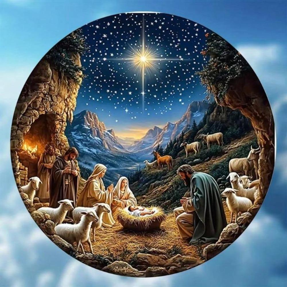2D Metal Wall Art Vintage Nativity Scene 8 Inch Round Sign Easter Gift Shepherd Bar Decor