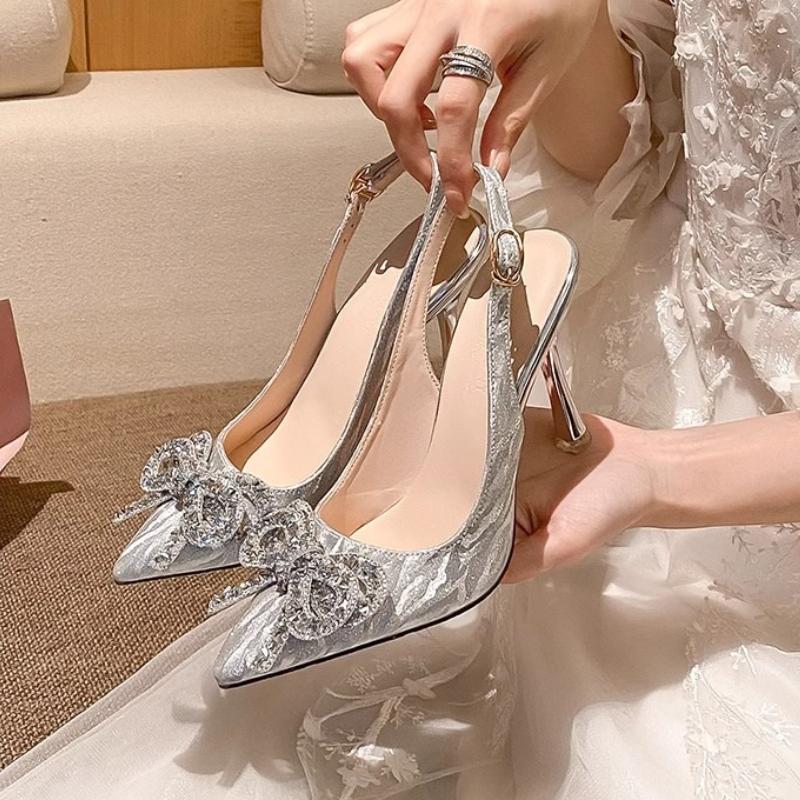 Fashion Summer Crystal Baotou High Heels Sandals Women's Summer New Pointed Toe Shallow Mouth Stiletto Butterfly Wedding Shoes
