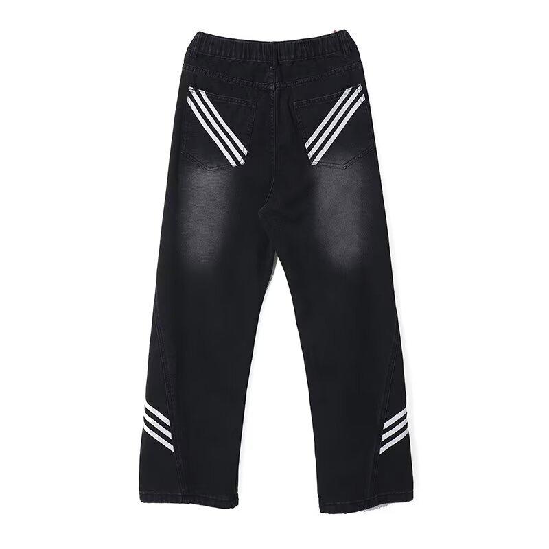 Джинсы мужские JYL Три полоски Пэчворк Нишевые Подростковые Свободные Прямые Клеш Деним XXXL