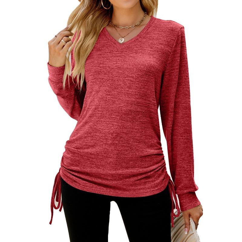 Casual Loose Fit V Neck Solid Color Long Sleeve T Shirt