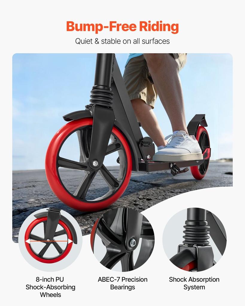 Kick Scooter for Kids Ages 8+, Teens & Adults, 2-Wheel Toddler Scooter with Adjustable Height Handlebar, Wide Anti-Slip Deck, Foldable Lightweight for