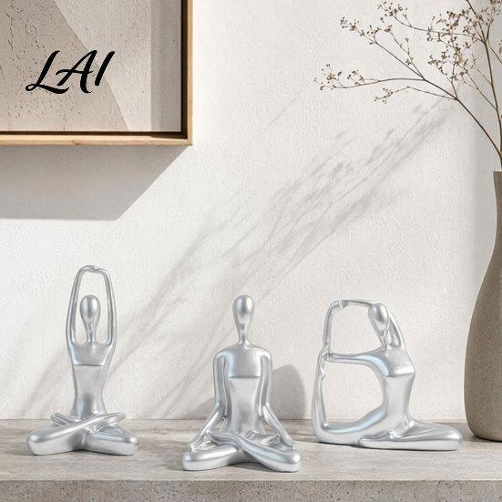 Moderne Wohnkultur 3-teiliges Abstraktes Yoga-Figuren-Skulpturen-Set Hohlkörper-Tänzerin in Glänzendem Gold Mattem Silber Schwarz Zeitgenössische Innenraum-Akzente
