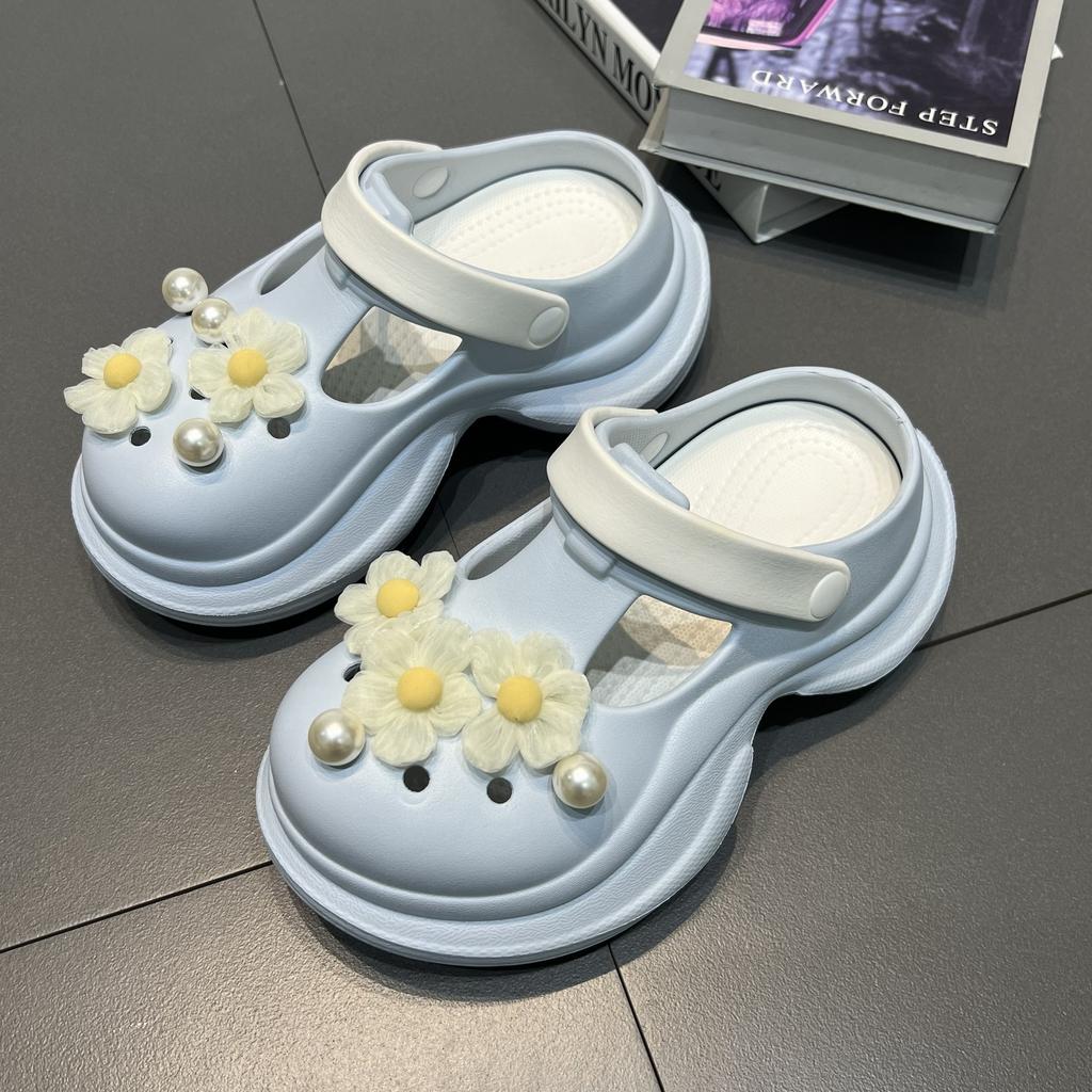 Small Yellow Flower Pearl Hole Shoes Women's Summer New Breathable Comfortable Heightening Thick-soled Outer Bag Head Slippers