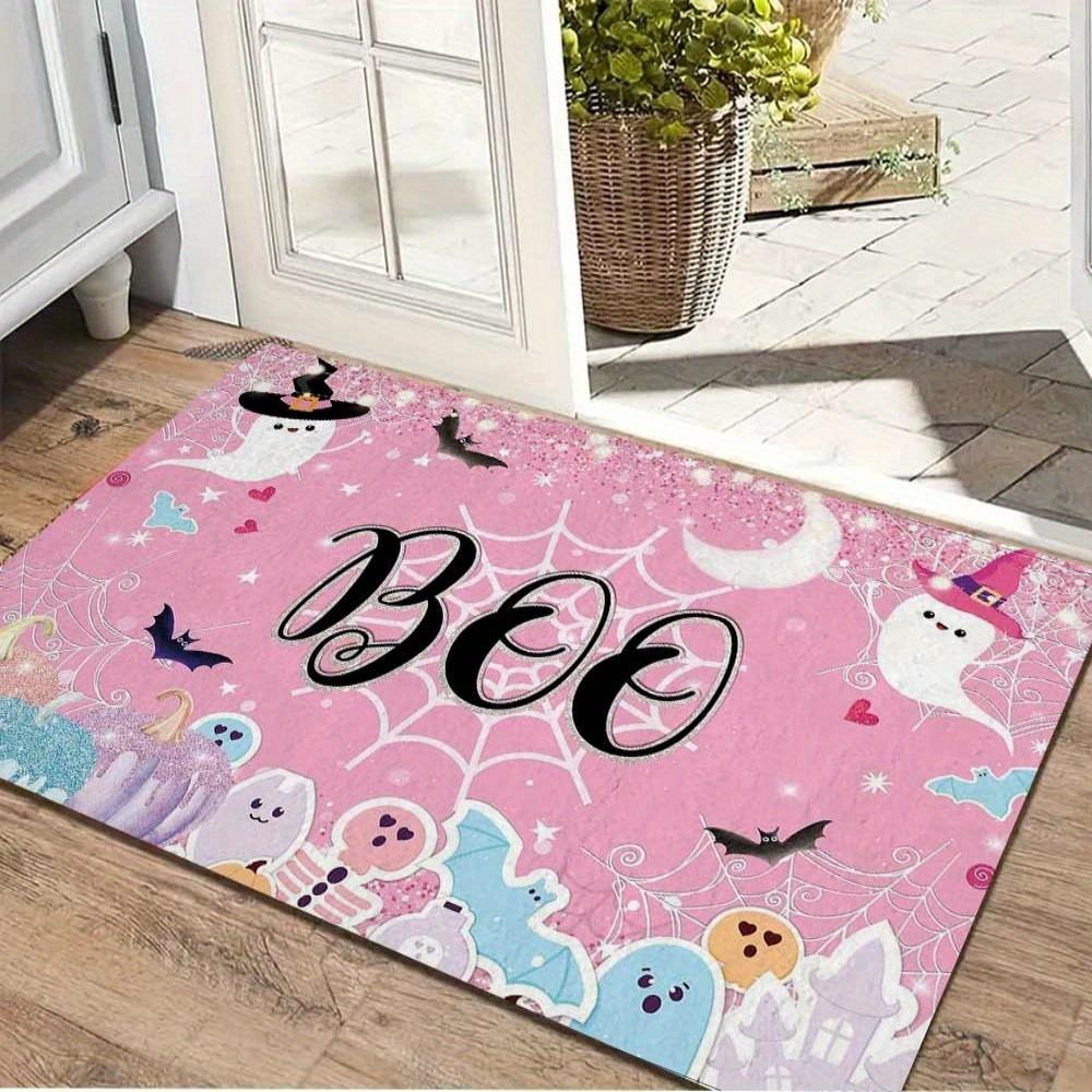 1pc Pink Halloween Rug BOO Spider Web Ghost 3D Print Non-slip Rug Entrance Door Mat for Home Living Room Bedroom Halloween Decor