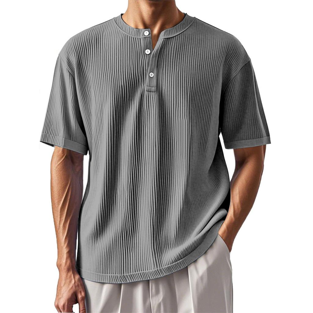 Men's Summer Solid Color Stripe Texture Button Collar Short Sleeve Tops Men's Casual Loose Fashion Tops