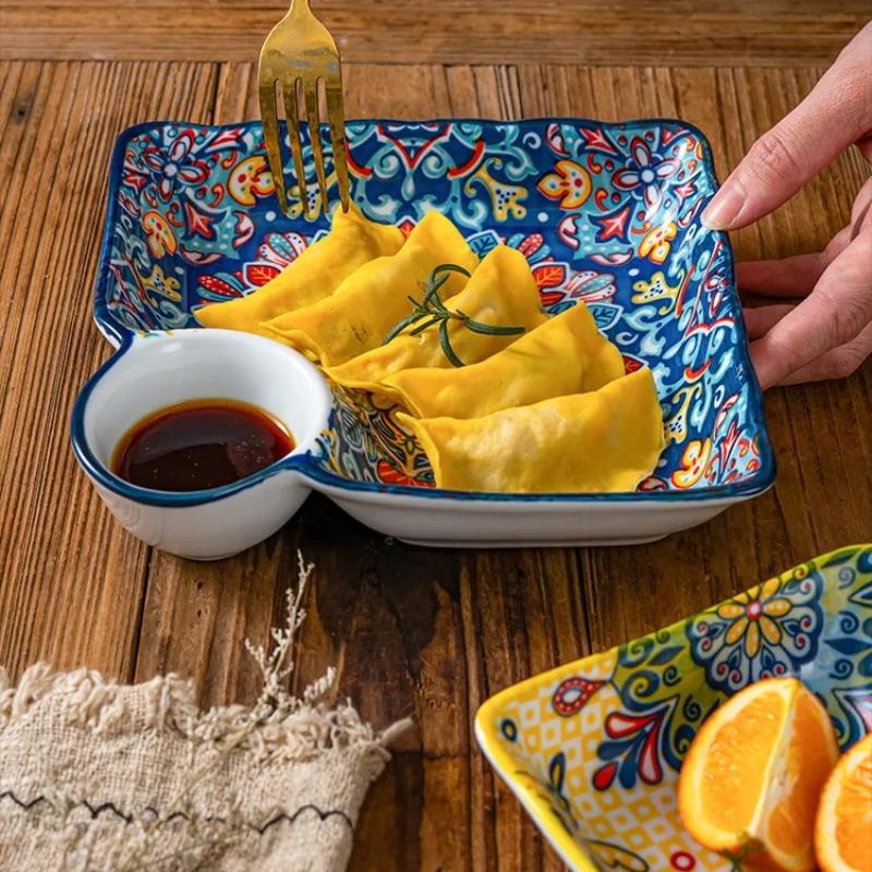 Dumpling Plate with Dipping Sauce Plate Ceramic Household Creative High-Appearance Level Tableware Divided Breakfast Fruit Plate