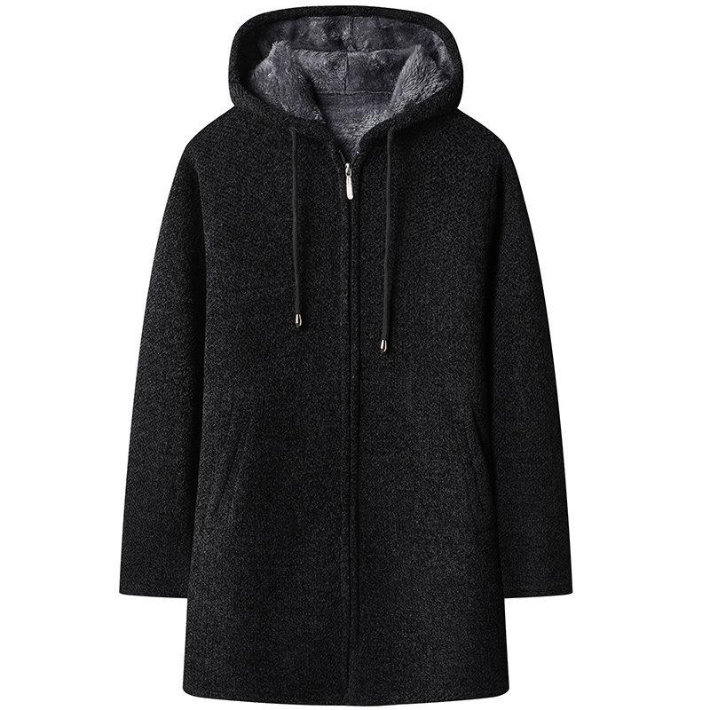 Мужской вязаный кардиган средней длины с капюшоном - Осенне-зимний свободный свитер-пальто XL