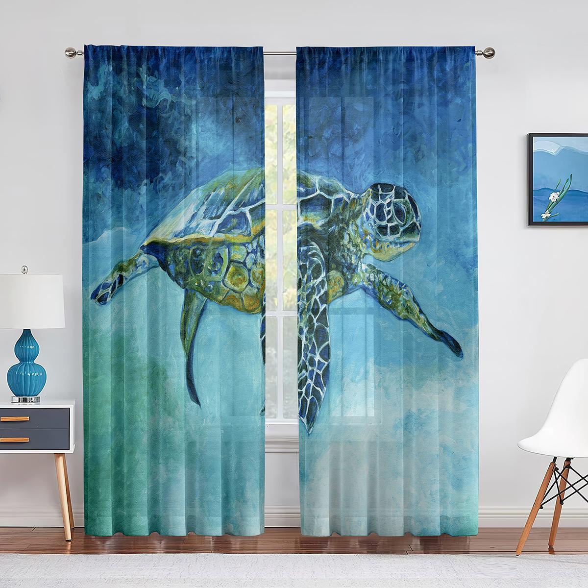 Красочные морские черепахи акварельные морские животные прозрачные вуалевые шторы для кухни гостиной спальни декор тюль шторы окна 1 PCS W100XH250cm&Rod Pocket
