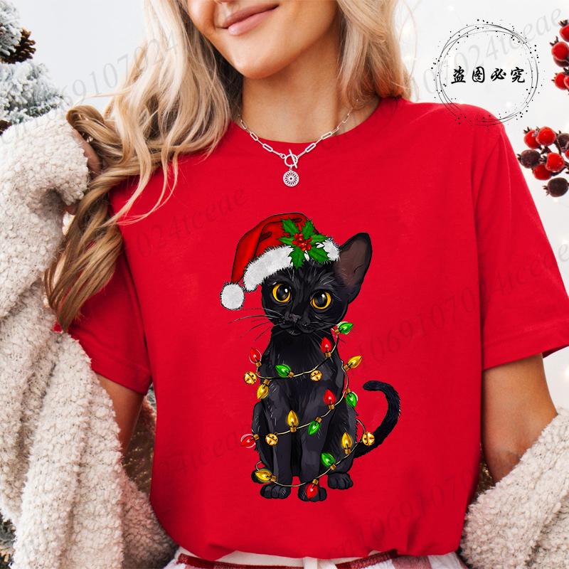 Funny Christmas Cat Women TShirt Xmas Cat Graphic TShirts Tops Short Sleeve Tees Casual Harajuku Street Tshirt Female Clothing
