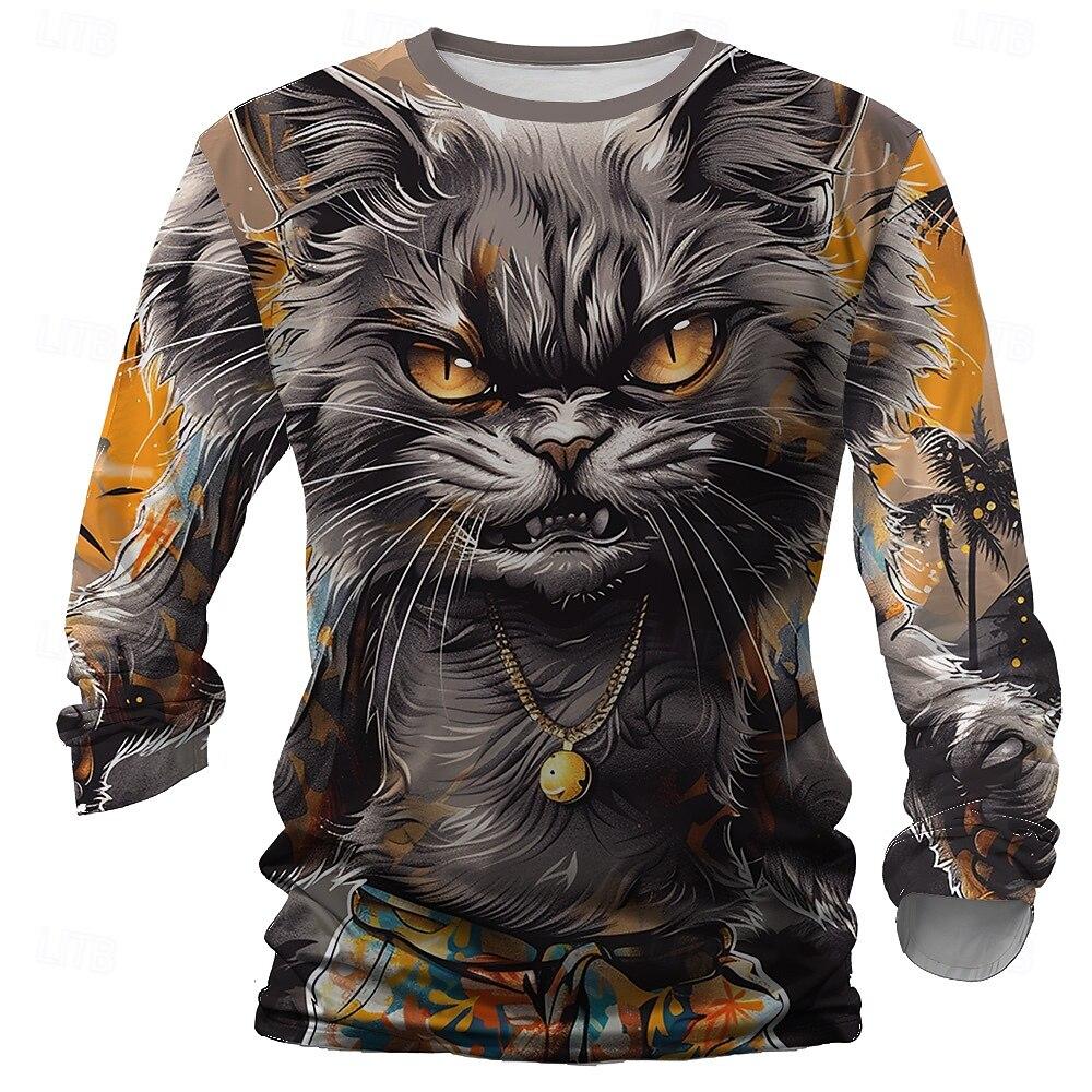 3D Print Cats Graphic Men's T-Shirts Fashion Creative Design Long Sleeve Round Neck Pullover Tops Autumn Casual Comfortable Tees