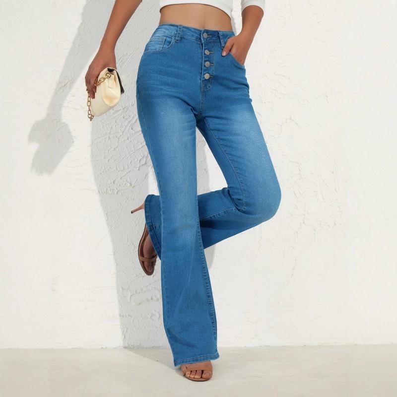 Women s High-waisted Elastic Stud Button Tight Micro-pull Jeans Women 2XL синий