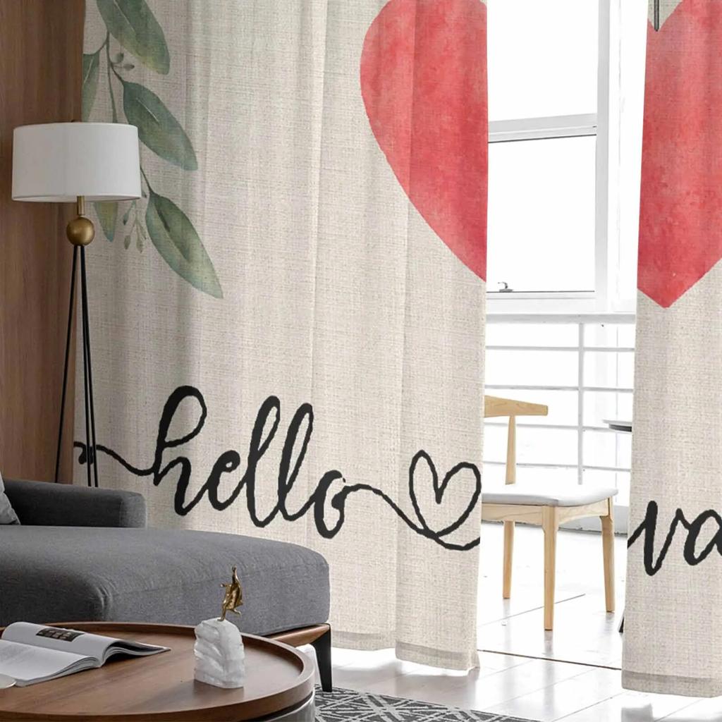 Valentine'S Day Hearts Eucalyptus Leaves Tulle Curtains For Living Room Sheer Curtain For Bedroom Kitchen Blinds Voile Curtains
