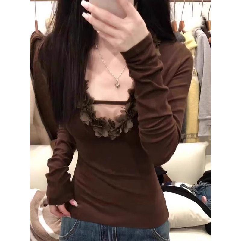 

2025 Новая футболка с V-образным вырезом, цветочным принтом и длинным рукавом, приталенного кроя Large хаки