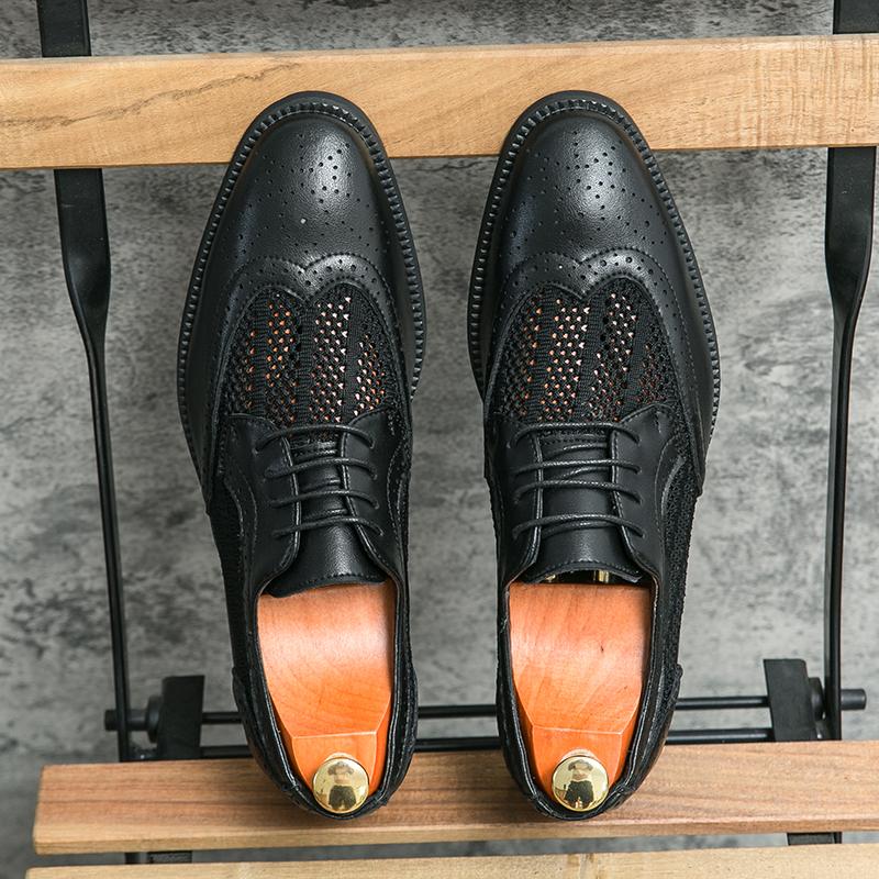 Britain Men Pointed Black Breathable Mesh Patchwork Casual Dress Homecoming Brogues Shoes Male Formal Wedding Oxfords Footwear