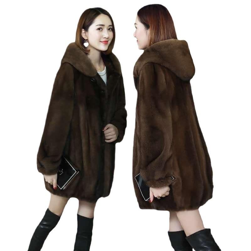 New Autumn and Winter Imitation Mink Velvet Coat Women's Hooded Medium and Long Imitation Fur Jacket Imitation Mink