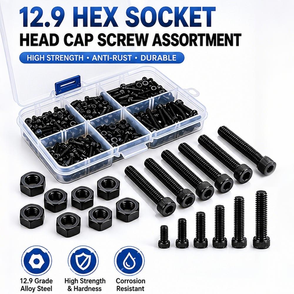 180-300pcs Black Hex Socket Screws 12.9 Grade High Tensile Alloy Steel M2 M3 Metric Bolts for Industrial Maintenance